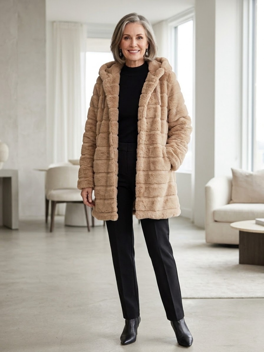 Faux Fur Hooded Coat in Camel